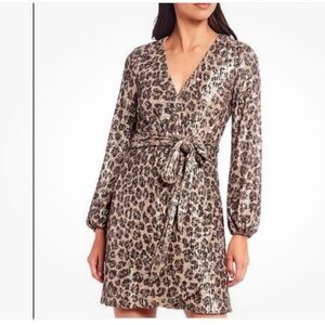 Gianni Bini Sequined‎  Long Sleeve Leopard Print Sequin Wrap Dress